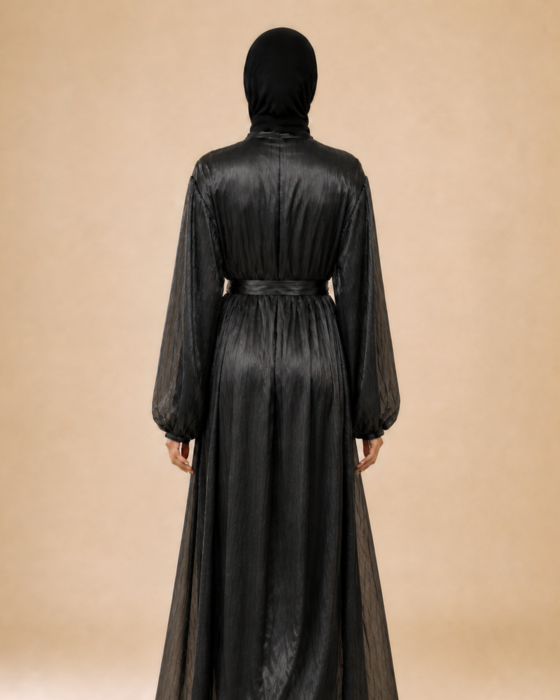 Back view of the Veyora Layla black open abaya showing its full length and flowing drape