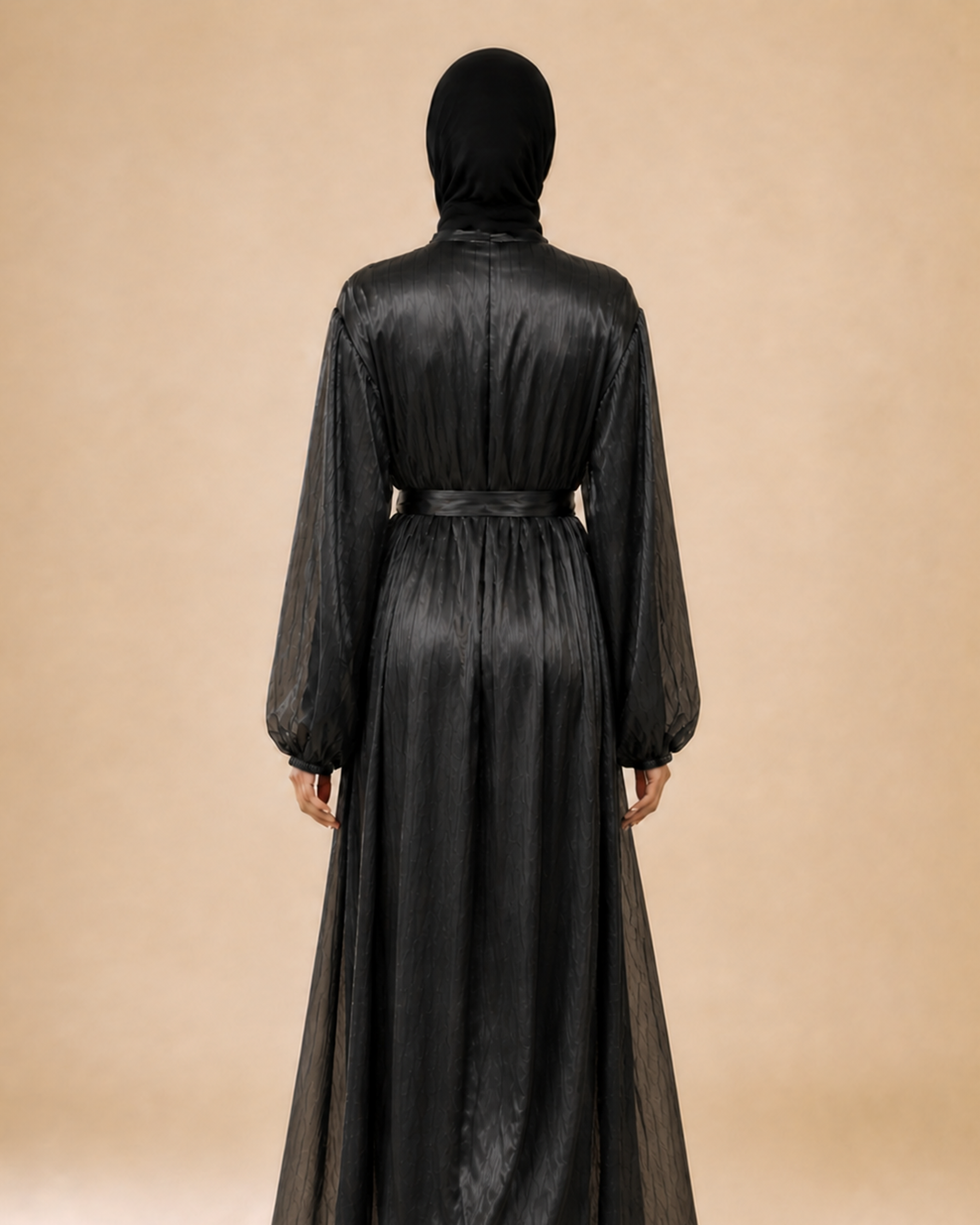 Back view of the Veyora Layla black open abaya showing its full length and flowing drape