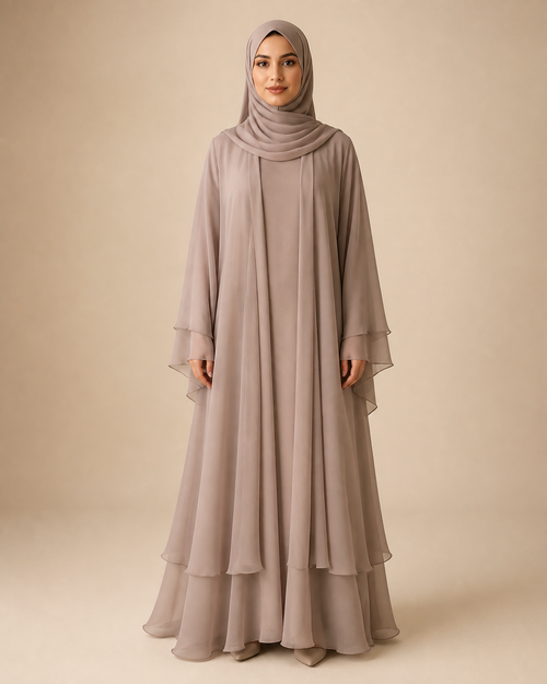 Hana open abaya in taupe — full-length front view with matching chiffon shayla and tiered double hem