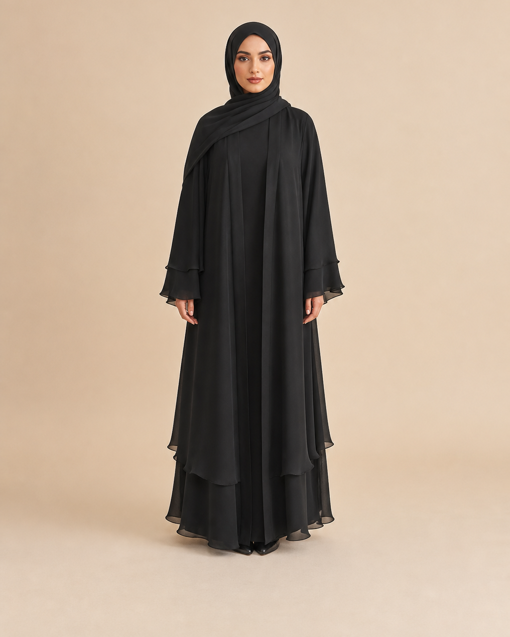 Hana open abaya in black — full-length view, hem reaching the top of the foot