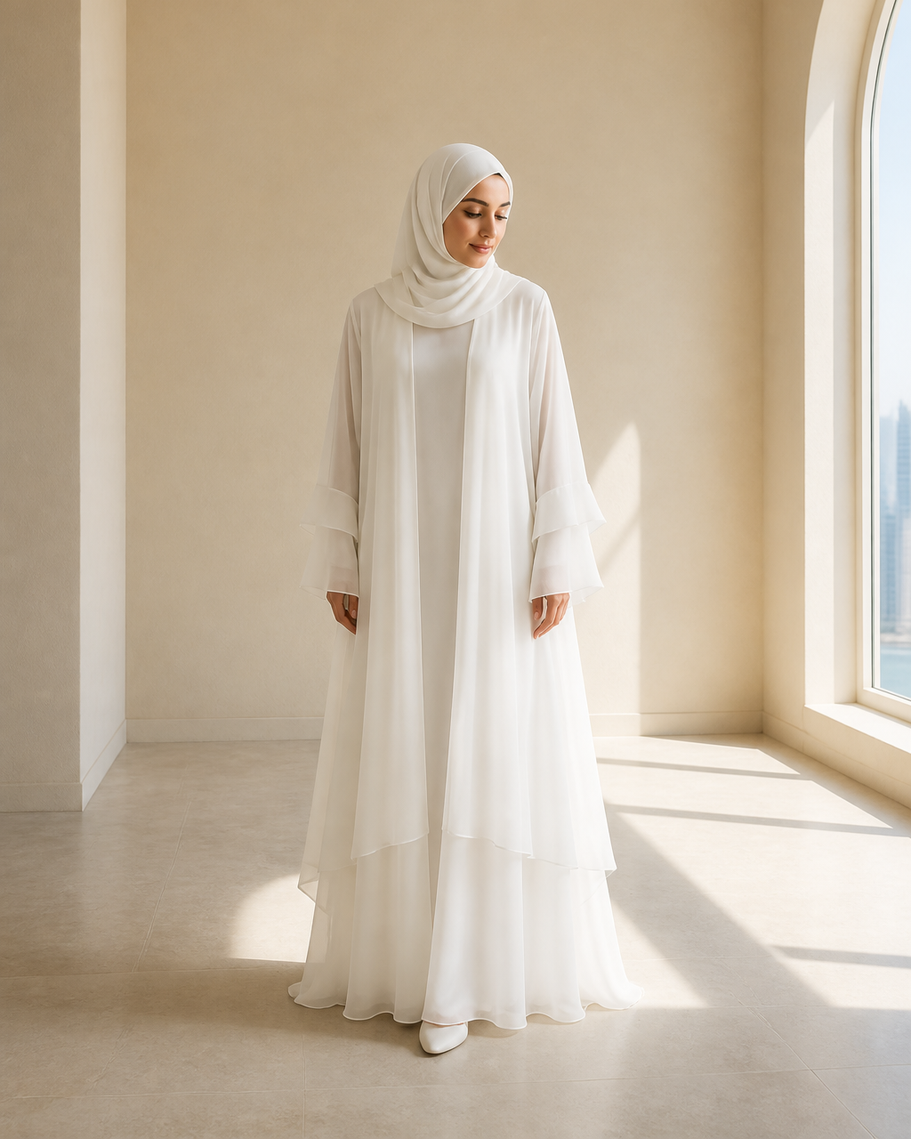 Hana open abaya in white over an ivory slip, styled in a bright modern interior