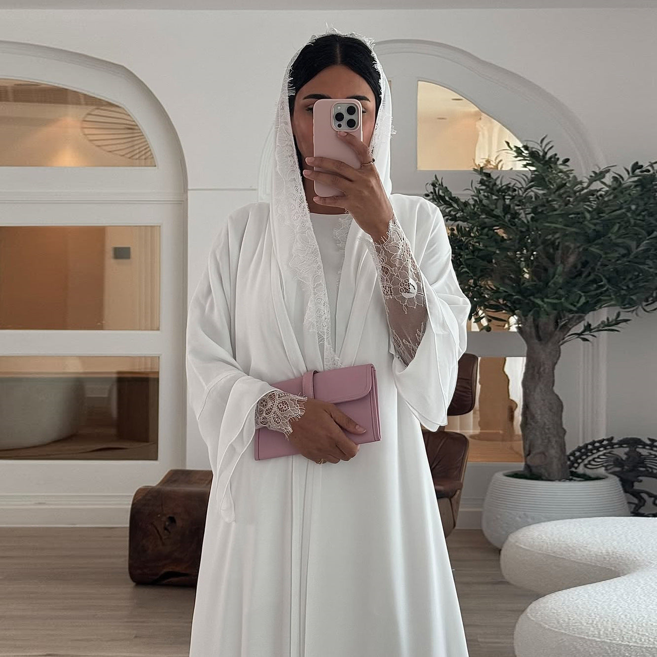 Pearl White Embroidered Abaya