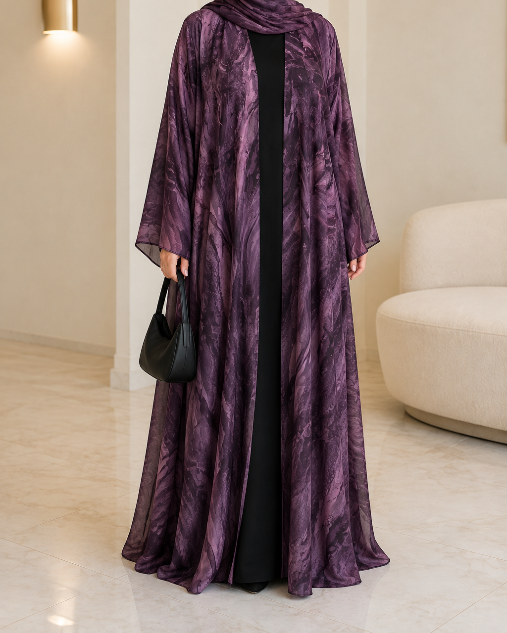 Sama printed open abaya in Purple — worn open over a black inner in a bright living room, matching shayla draped
