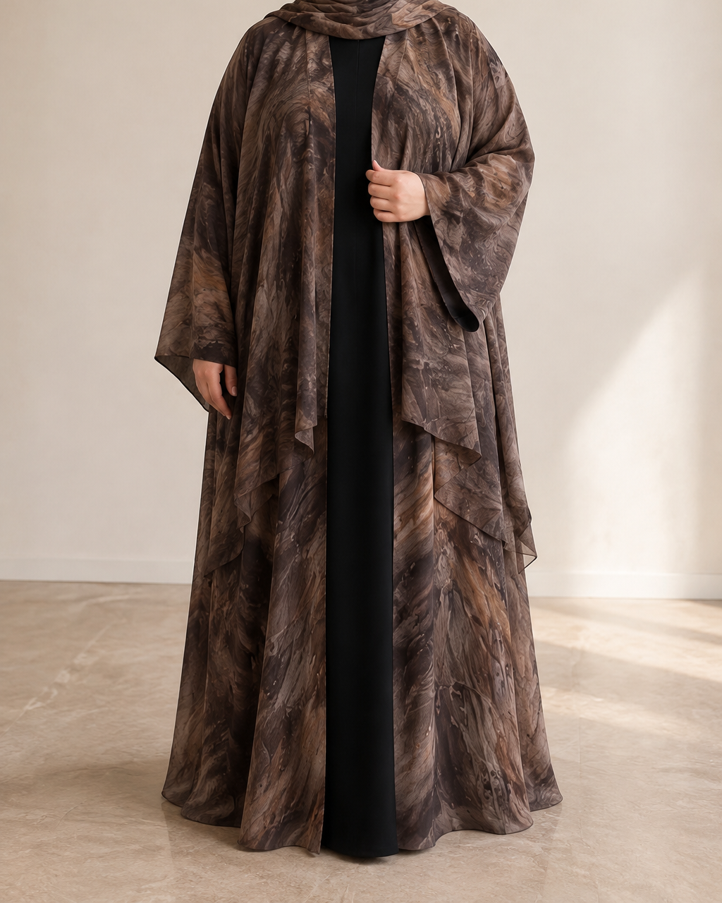 Sama printed open abaya in Brown — front three-quarter view on a fuller figure, worn over a black inner